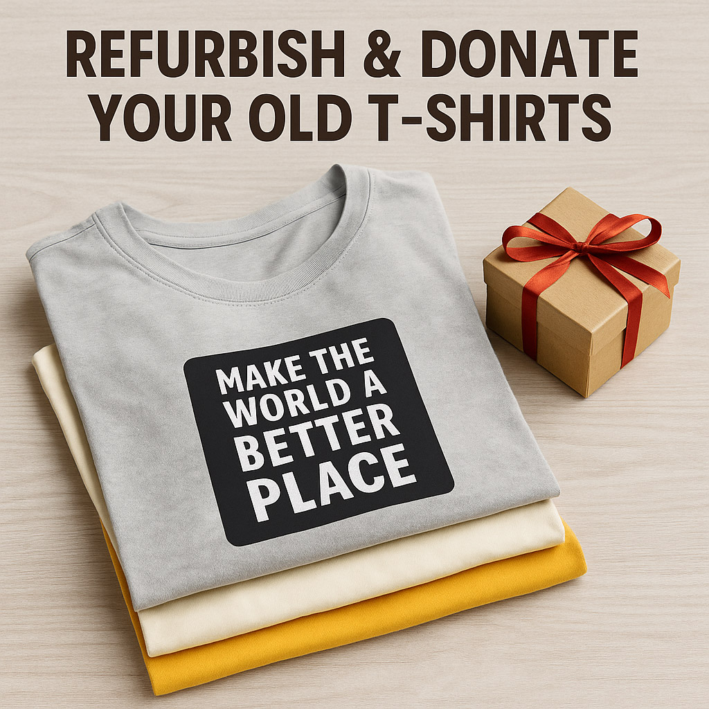Old T-shirts reused with quote stickers for donation