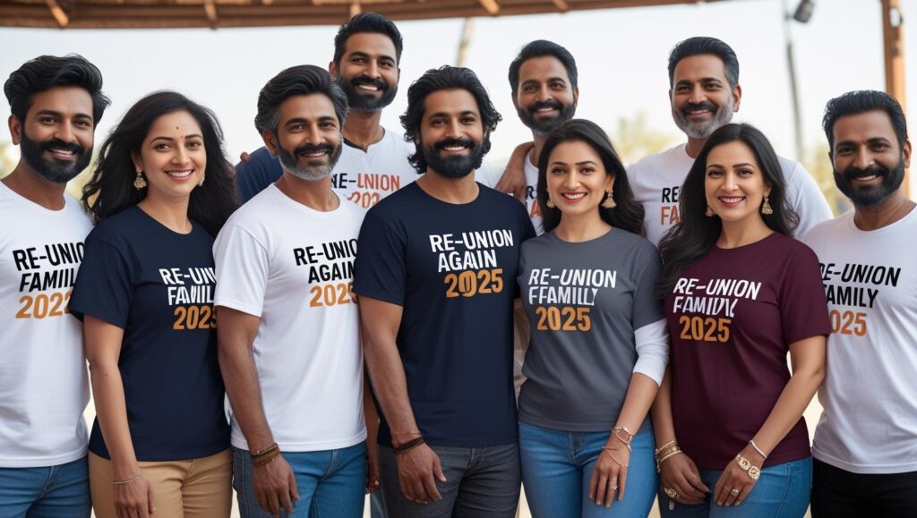 Group of people wearing Re-Union 2025 custom printed t-shirts for family or college reunion event