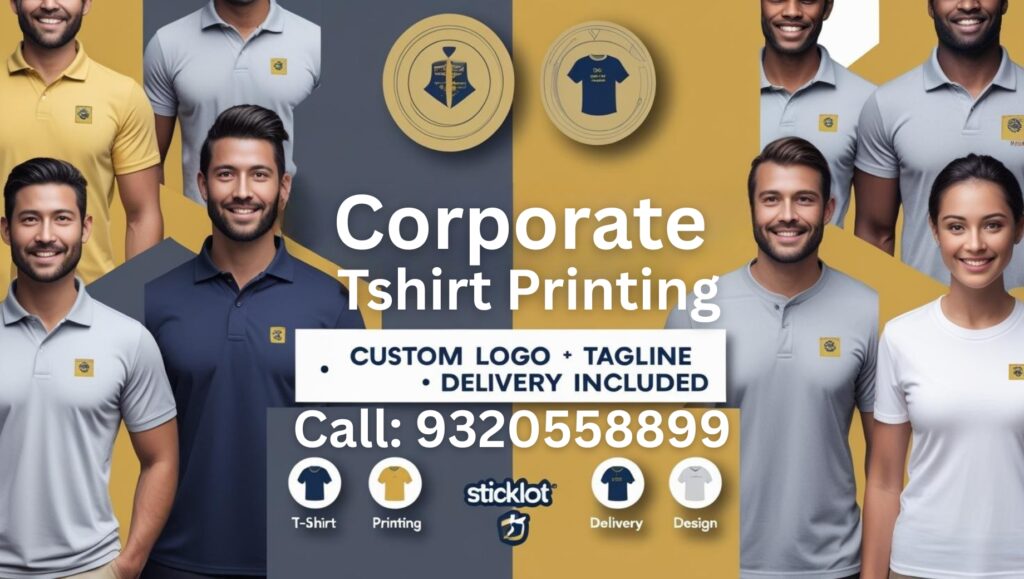 Team wearing custom printed Polo and Round Neck corporate T-shirts with logo and tagline