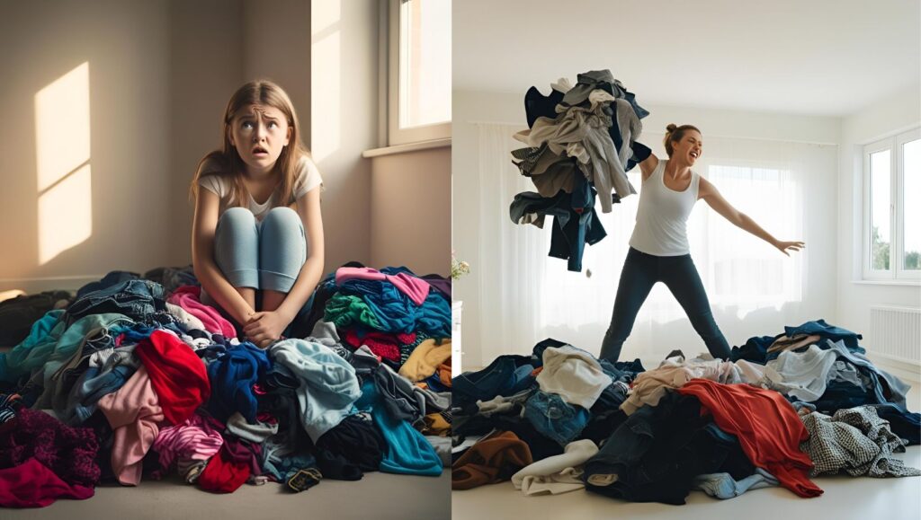 Overfilled wardrobe with unused T-shirts and DIY sticker solution
